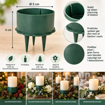 Infografik af grøn lysholder til bloklys Ø 5 cm x 6 cm til oasis og dekorationer