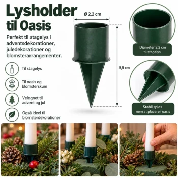Infografik af grøn lysholder til oasis Ø 2,2 cm til stagelys og blomsterdekorationer