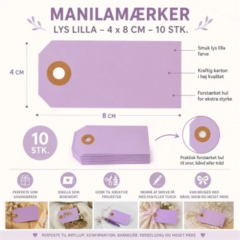 Infografik af manilamærker lys lilla 4x8 cm med mål, produktfordele og anvendelse som bordkort, gavemærker og kreative hobbyprojekter.