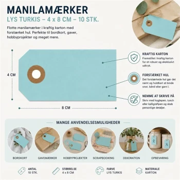 Manilamærker lys turkis 4x8 cm 10 stk infografik med mål, produktfordele og anvendelsesmuligheder som bordkort, gavemærker og hobbyprojekter.