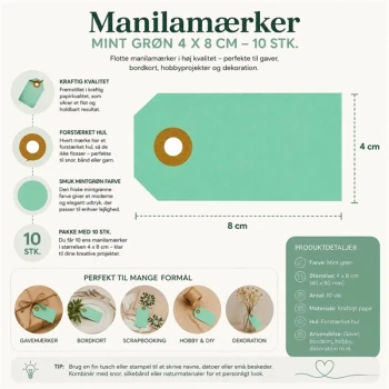 Infografik af manilamærker mint grøn 4x8 cm med mål, produktdetaljer og anvendelsesmuligheder til gavemærker, bordkort og hobbyprojekter.
