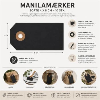 Manilamærker sorte 4x8 cm 10 stk infografik med mål, produktfordele og anvendelse til gaver, bordkort og kreative projekter.