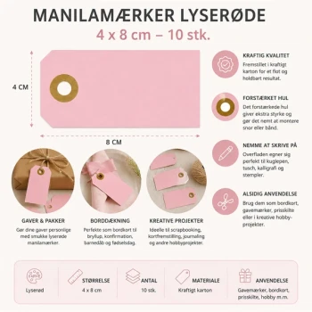 Infografik med lyserøde manilamærker 4x8 cm 10 stk med mål, produktinformation og anvendelsesmuligheder som bordkort, gavemærker og hobbyprojekter.