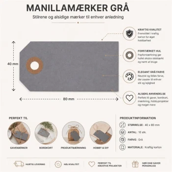 Infografik med grå manillamærker 4x8 cm 10 stk med mål, produktinformation og anvendelsesmuligheder som gavemærker, bordkort og hobbyprojekter.