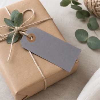 Gråt manillamærke 4x8 cm fastgjort på indpakket gave med jutesnor og grønne blade.