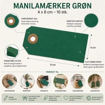 Manilamærker grøn 4x8 cm 10 stk med forstærket hul og kraftigt karton til gavemærker, bordkort og hobbyprojekter
