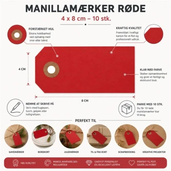 Infografik med røde manillamærker 4x8 cm pakke med 10 stk i kraftigt karton med forstærket hul til gavemærker, bordkort og kreative projekter.