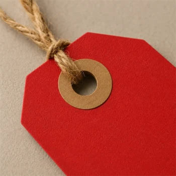 Close-up af rødt manillamærke 4x8 cm med forstærket hul og naturfarvet snor i kraftigt karton.