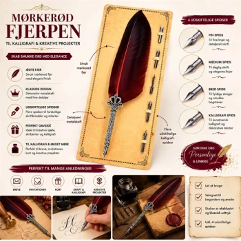 Mørkerød fjerpen med udskiftelige kalligrafispidser vist i infografik med funktioner og anvendelsesmuligheder.