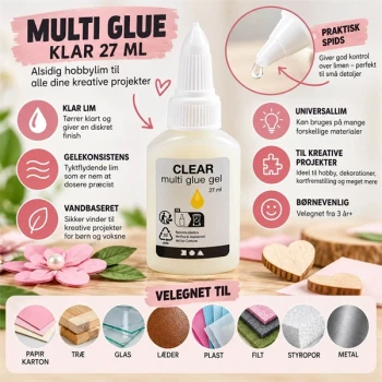Multi Glue klar 27 ml universallim til papir, træ, glas, læder, plast, filt, styropor og metal