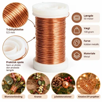 Infografik af kobberfarvet myrtetråd 0,5 mm x 50 m, 100 g, med eksempler på blomsterbinding, kranse, julepynt og DIY.