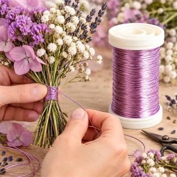 Hænder binder en blomsterbuket med lilla myrtetråd 0,50 mm omkring blomsterstilke, med spole af lavendellilla metaltråd ved siden af.
