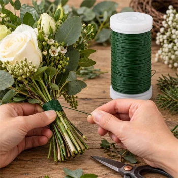 Blomsterbinding med mørkegrøn myrtetråd 0,35 mm omkring buket