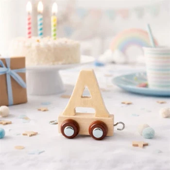 Navnetog bogstav A i naturtræ på fødselsdagsbord med kage, lys og farverig børnepynt i baggrunden