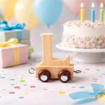 Navnetog bogstav L i naturtræ på bord til børnefødselsdag med kage og gaver i baggrunden