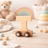 Navnetog bogstav T i naturtræ som trælegetøj på børneværelse med blød nordisk indretning