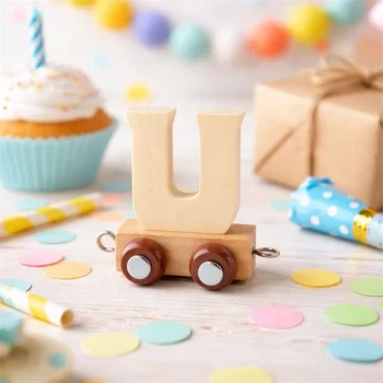 Navnetog bogstav U i naturtræ på togvogn omgivet af farverig pynt til børnefødselsdag