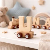 Navnetog bogstav U i naturtræ på togvogn dekoreret på hyggeligt børneværelse