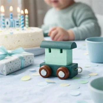 Navnetog togvogn i arktisk blå som bordpynt til børnefødselsdag med kage og gaver