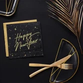 Servietter Happy New Year sort/guld 33cm x 33cm, 20 stk. nytårspynt