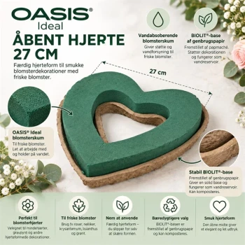 OASIS åbent hjerte 27 cm med BIOLIT-base – blomsterskum til friske blomster