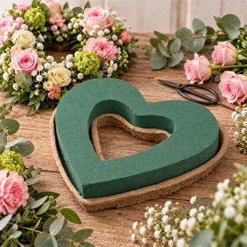 OASIS åbent hjerte 27 cm blomsterskum med roser og grønt til blomsterbinding