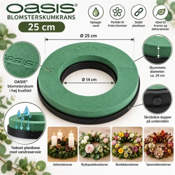 OASIS blomsterskumkrans 25 cm med plastbase og vandreservoir til blomsterdekorationer