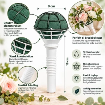 Infografik af OASIS brudebuketholder 8 x 19 cm med blomsterskum til friske blomster