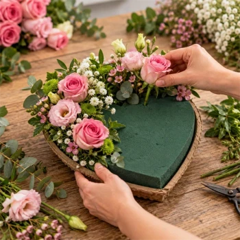 OASIS hjerte Biolit 27 cm med friske blomster under blomsterbinding