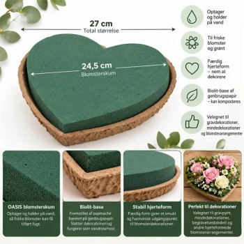 Infografik af OASIS hjerte Biolit 27 cm med blomsterskum, mål og produktfordele