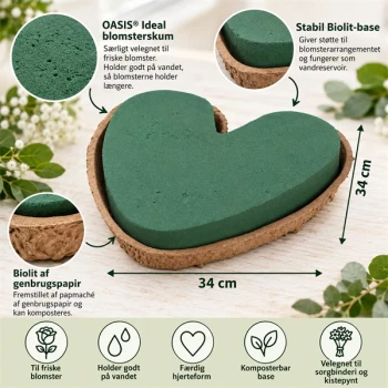 OASIS hjerte Biolit 34 cm blomsterskum med komposterbar Biolit-base til friske blomster og sorgbinderi