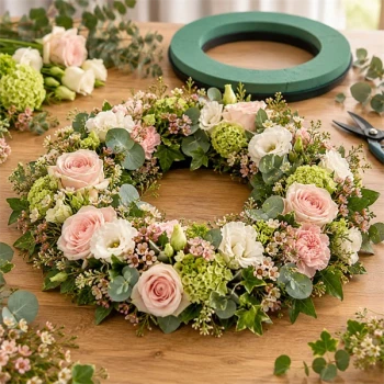 Oasis krans 36 cm dekoreret med rosa og hvide blomster samt grønt