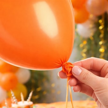 Close-up af orange ballon 30 cm hvor knuden bindes – latex ballon til fest og dekoration