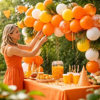 Kvinde pynter med orange balloner 30 cm i ballonguirlande til fest og fødselsdag udendørs