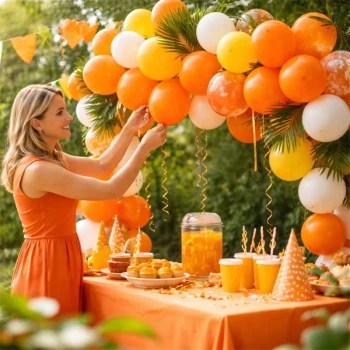 Kvinde pynter med orange balloner 30 cm i ballonguirlande til fest og fødselsdag udendørs