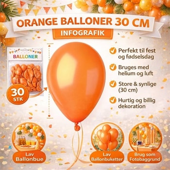 Infografik med orange balloner 30 cm – fest dekoration, ballonbue, ballonbuketter og fotobaggrund