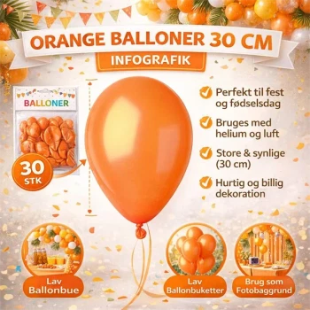 Infografik med orange balloner 30 cm – fest dekoration, ballonbue, ballonbuketter og fotobaggrund