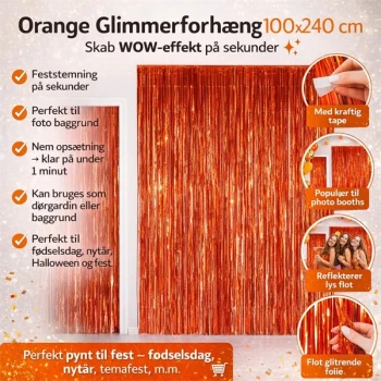Infografik af orange glimmerforhæng 100x240 cm med fordele som fest baggrund, photo booth og nem opsætning