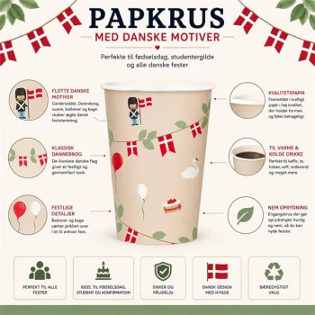 Infografik af papkrus med danske motiver og Dannebrog flag til fødselsdag, studentergilde og dansk fest