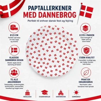Infografik med paptallerkener med Dannebrog flag 23 cm 8 stk til dansk fødselsdag, studentergilde og fest