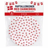 Packshot af paptallerkener med Dannebrog flag 8 stk 23 cm til dansk fødselsdag og fest