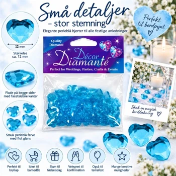 Perleblå pynte diamanter hjerter 12 mm med flade sider og facetslebne kanter