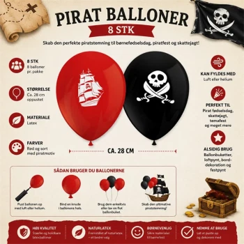 Infografik med pirat balloner 8 stk i rød og sort latex til pirat fødselsdag og børnefest