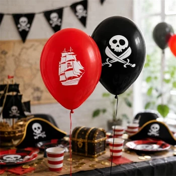 Pirat balloner i rød og sort som dekoration til pirat fødselsdag og børnefest