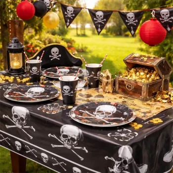 Pirat borddækning udendørs med pirat dug i plast, skattekiste, tallerkener og kopper til pirat fødselsdag i haven