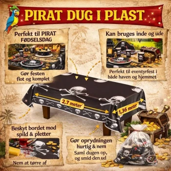 Infografik af pirat dug i plast 2,7 x 1,36 meter med kranie motiv til pirat fødselsdag borddækning og fest