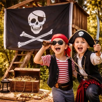 Børn klædt ud som pirater foran pirat flag 90x150 cm til pirat fødselsdag og skattejagt