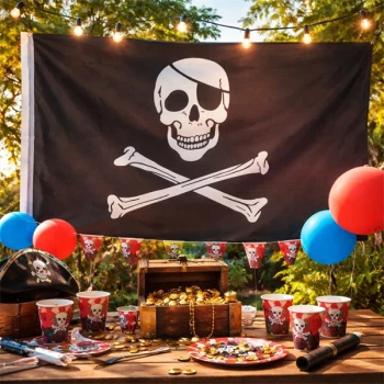 Pirat flag 90x150 cm som dekoration til piratfest med skattekiste, bordpynt og balloner