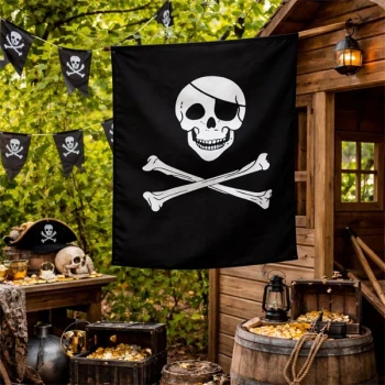 Pirat flag med dødningehoved 40x60 cm hængt op ved piratfest med skattekiste og dekoration