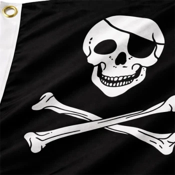 Close-up af pirat flag med dødningehoved der viser detaljer i polyester stof og metaløje